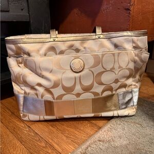 Coach Signature Beige and Metallic Tote